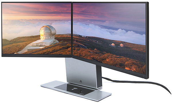 Auf den Standfuß des Modinice M1 lassen sich wahl­weise ein oder zwei Monitore montieren.