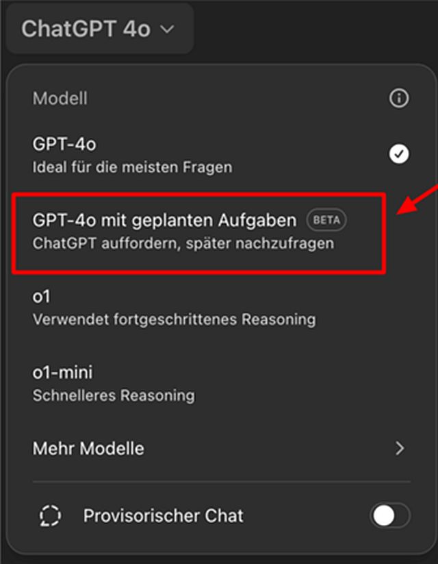 Der Screenshot zeigt einen Ausschnitt des Bildschirms, der darstellt, welche Version von ChatGPT man nutzt. Die Betaversion der Funktionalitäten von ChatGPT Tasks nennt sich in Deutschland »GPT-4o mit geplanten Aufgaben.